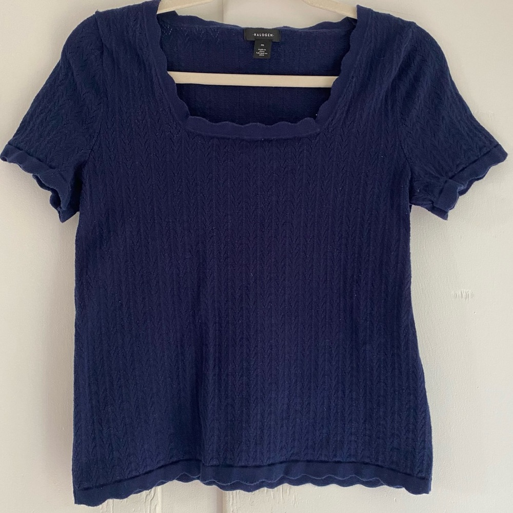 Halogen Navy Scalloped Square Neck Short Sleeve Top Textured Ribbing.Feminine M